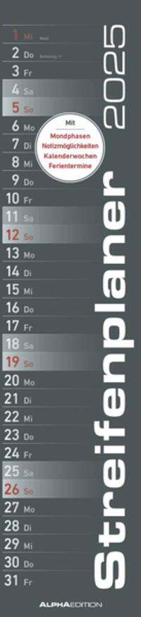 Streifenplaner SCHWARZ 2025 - Streifenkalender - Wandplaner - Küchen-Kalender - 11,3x49,5