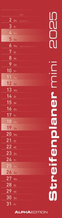 Streifenplaner Mini Rot 2025 - Streifen-Kalender 9,5x33 cm - Küchenkalender - Wandplaner - Alpha Edition