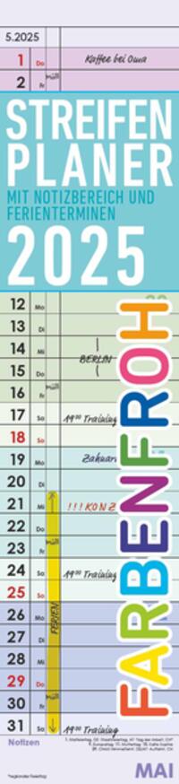 Streifenplaner Farbenfroh 2025 - Streifen-Kalender 11,3x49x5 cm - Küchenkalender - Wandplaner - Alpha Edition