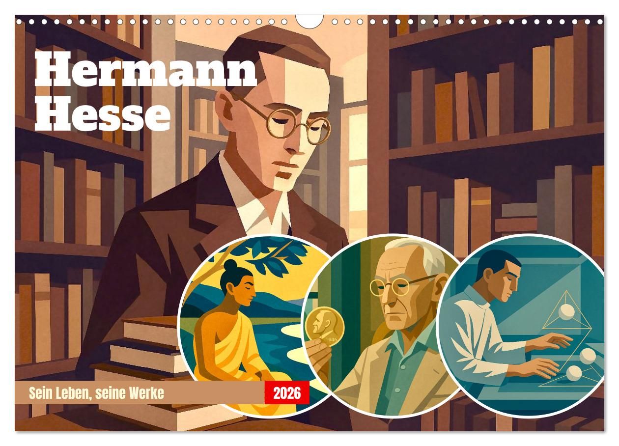 Cover-Abbildung für Hermann Hesse. Sein Leben, seine Werke (Wandkalender 2026 DIN A3 quer), CALVENDO Monatskalender (99999---978-3-516-70845-5)