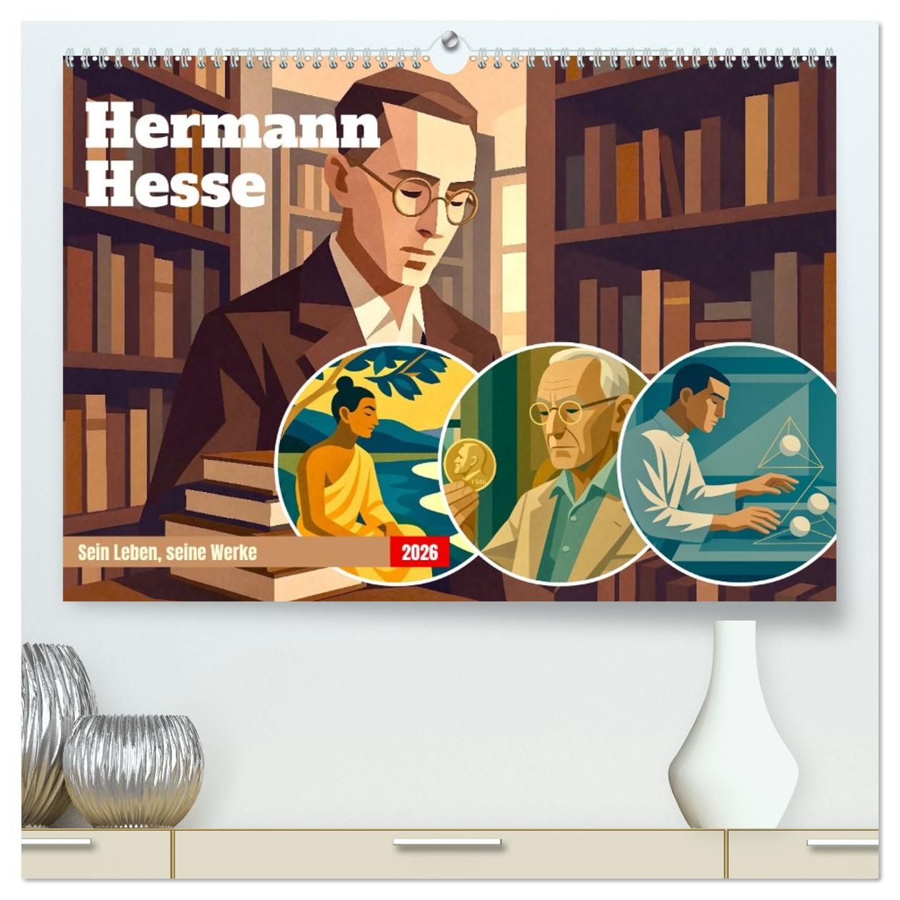Cover-Abbildung für Hermann Hesse. Sein Leben, seine Werke (hochwertiger Premium Wandkalender 2026 DIN A2 quer), Kunstdruck in Hochglanz (99999---978-3-516-70881-3)