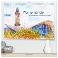 Warnemünde - Die Ostseestadt illustriert in Aquarell (hochwertiger Premium Wandkalender 2024 DIN A2 quer), Kunstdruck in Hochglanz