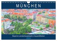 München - Bayerns Landeshauptstadt in Aquarellfarben (Wandkalender 2024 DIN A4 quer), CALVENDO Monatskalender