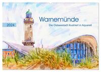 Warnemünde - Die Ostseestadt illustriert in Aquarell (Wandkalender 2024 DIN A2 quer), CALVENDO Monatskalender