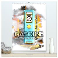 Gasoline - Vintage Tanksäulen in Szene gesetzt (hochwertiger Premium Wandkalender 2024 DIN A2 hoch), Kunstdruck in Hochglanz