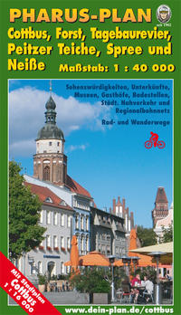 Pharus-Plan Cottbus, Forst, Tagebaurevier, Peitzer Teiche, Spree und Neiße. Maßstab 1 : 40 000.